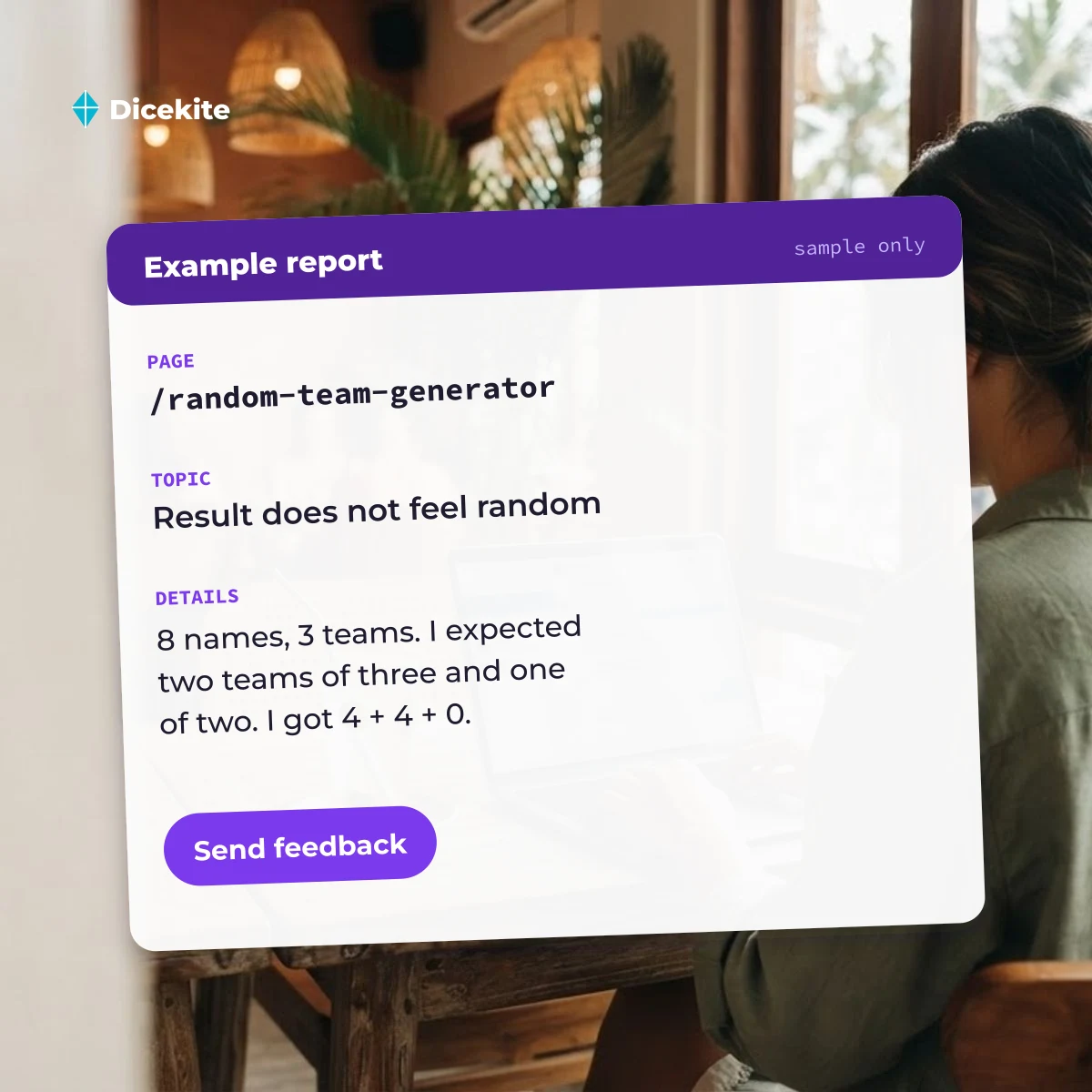 Example feedback report for the random team generator with page, topic and details